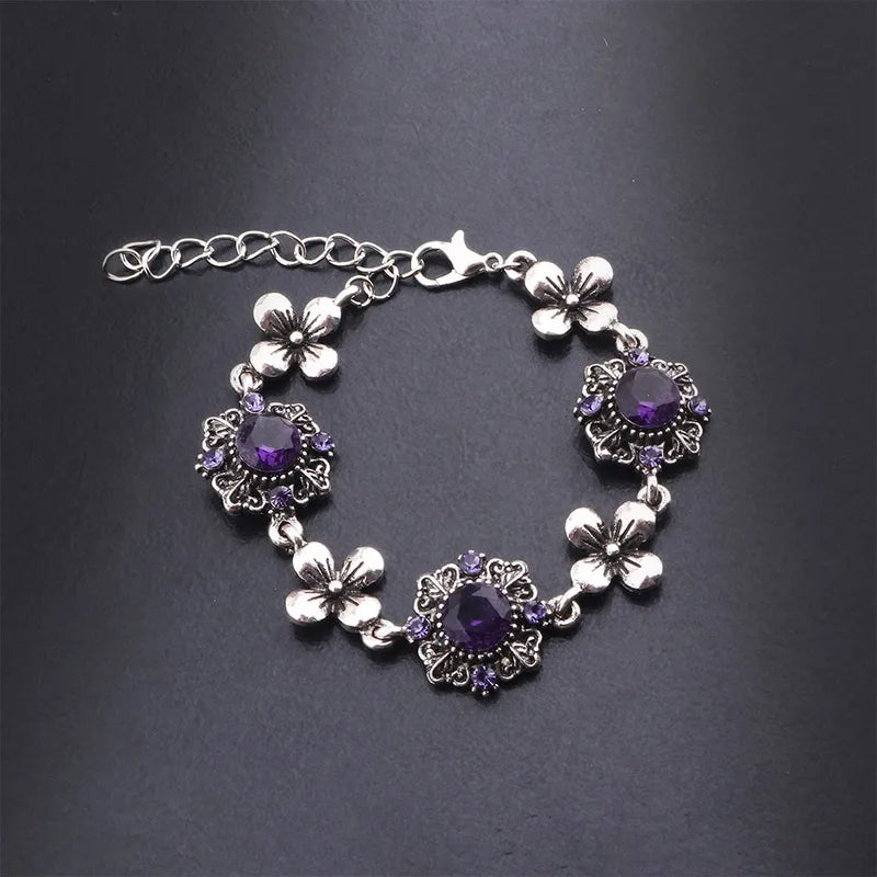 Purple Flowers Necklace Set - Alloy Chain With Antique Silver Plated Finish And Alloy Pendant Inlaid With Rhinestones