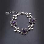 Purple Flowers Necklace Set - Alloy Chain With Antique Silver Plated Finish And Alloy Pendant Inlaid With Rhinestones
