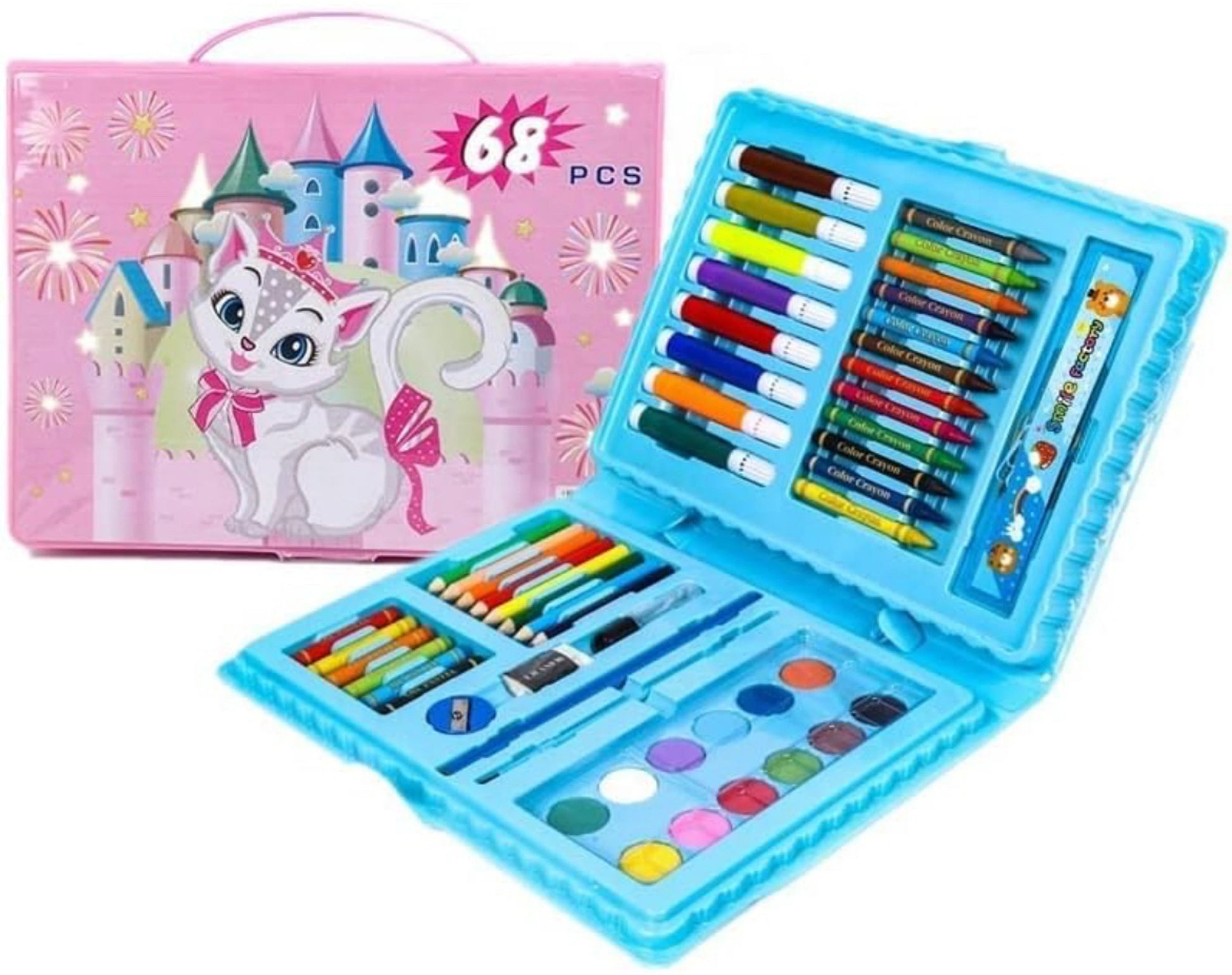 Children's art set with crayons, markers, and watercolors in a pink and blue case.