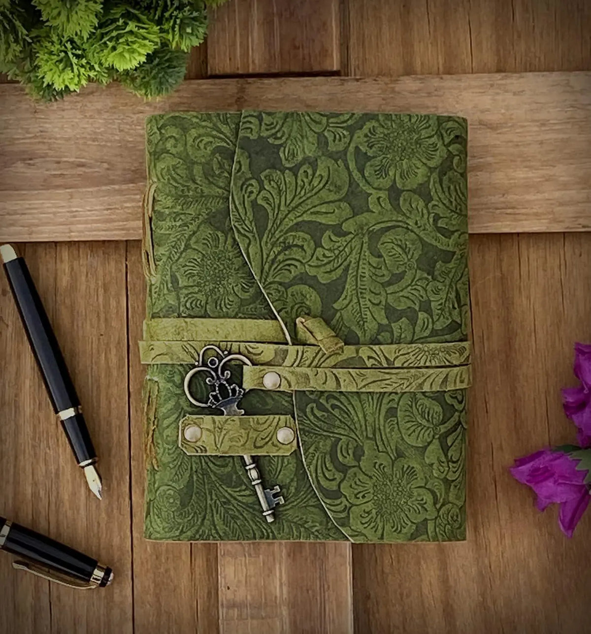 Floral Embossed Leather Journal with Brass Key