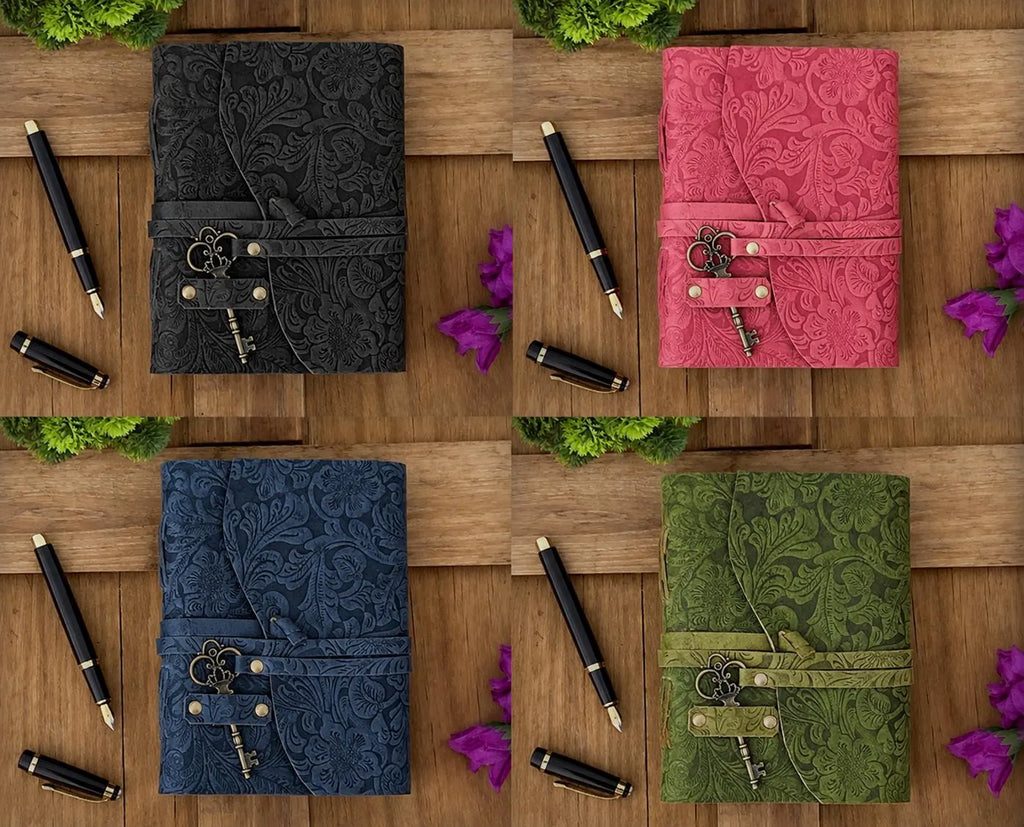 Floral Embossed Leather Journal with Brass Key