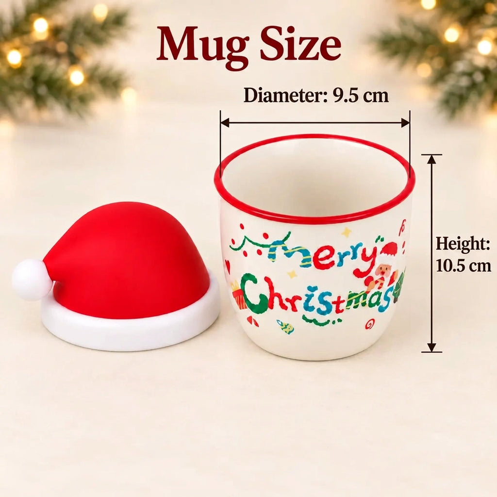 A festive white ceramic Christmas mug with a red rim and multicolor 'Merry Christmas' lettering, shown next to a red and white Santa hat-shaped lid with custom text. The image includes 'Mug Size' dimension annotations showing a diameter of 9.