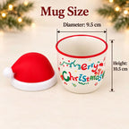 A festive white ceramic Christmas mug with a red rim and multicolor 'Merry Christmas' lettering, shown next to a red and white Santa hat-shaped lid with custom text. The image includes 'Mug Size' dimension annotations showing a diameter of 9.