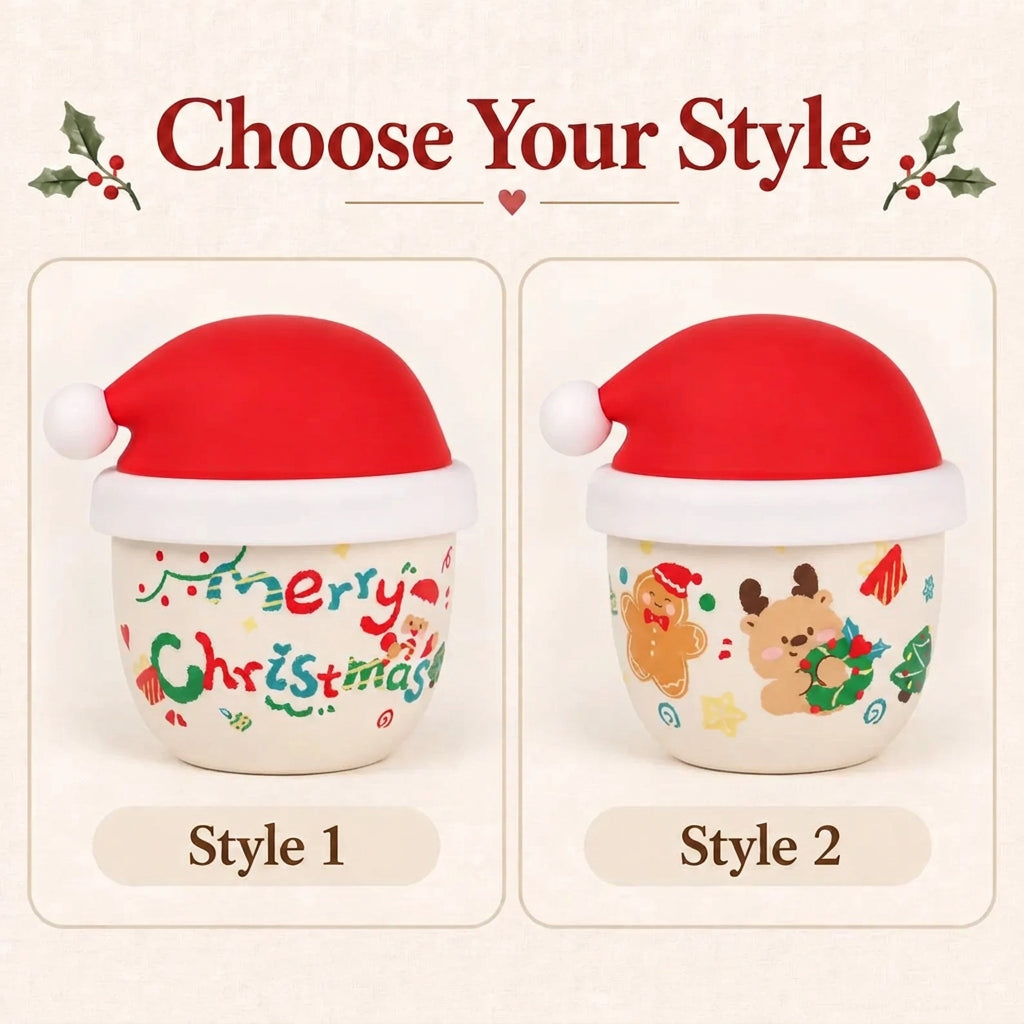 A product selection graphic showing two Christmas-themed cup styles under the heading 'Choose Your Style.' The left cup, labeled 'Sophia,' is cream with multicolor holiday lettering and a red Santa hat.