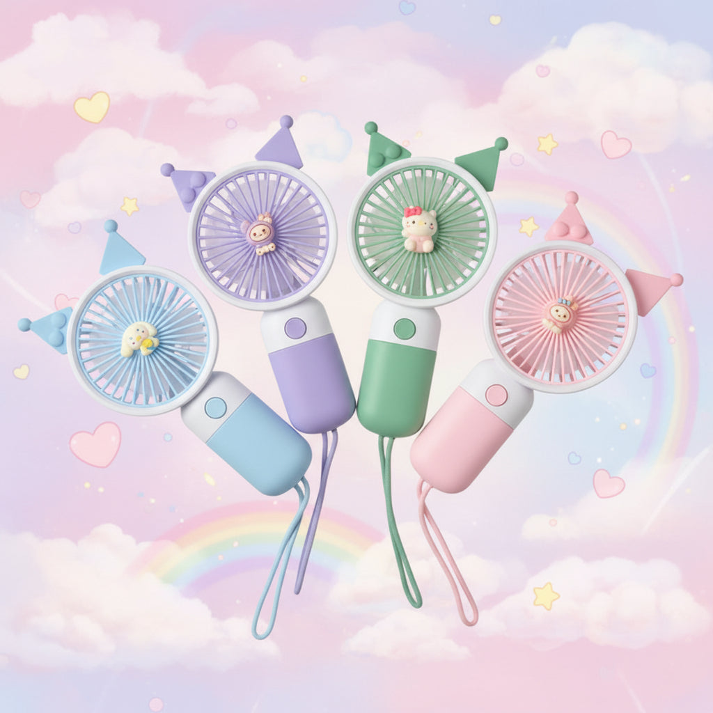 Four colorful handheld fans with cartoon character faces on a white background