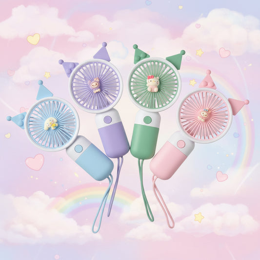 Four colorful handheld fans with cartoon character faces on a white background