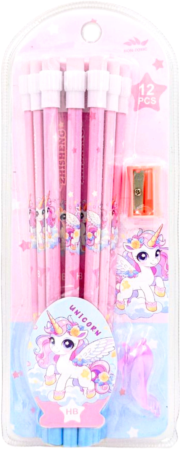 Pencil Stationery Set | 12 HB Pencils, Sharpener, Eraser & Pencil Cap