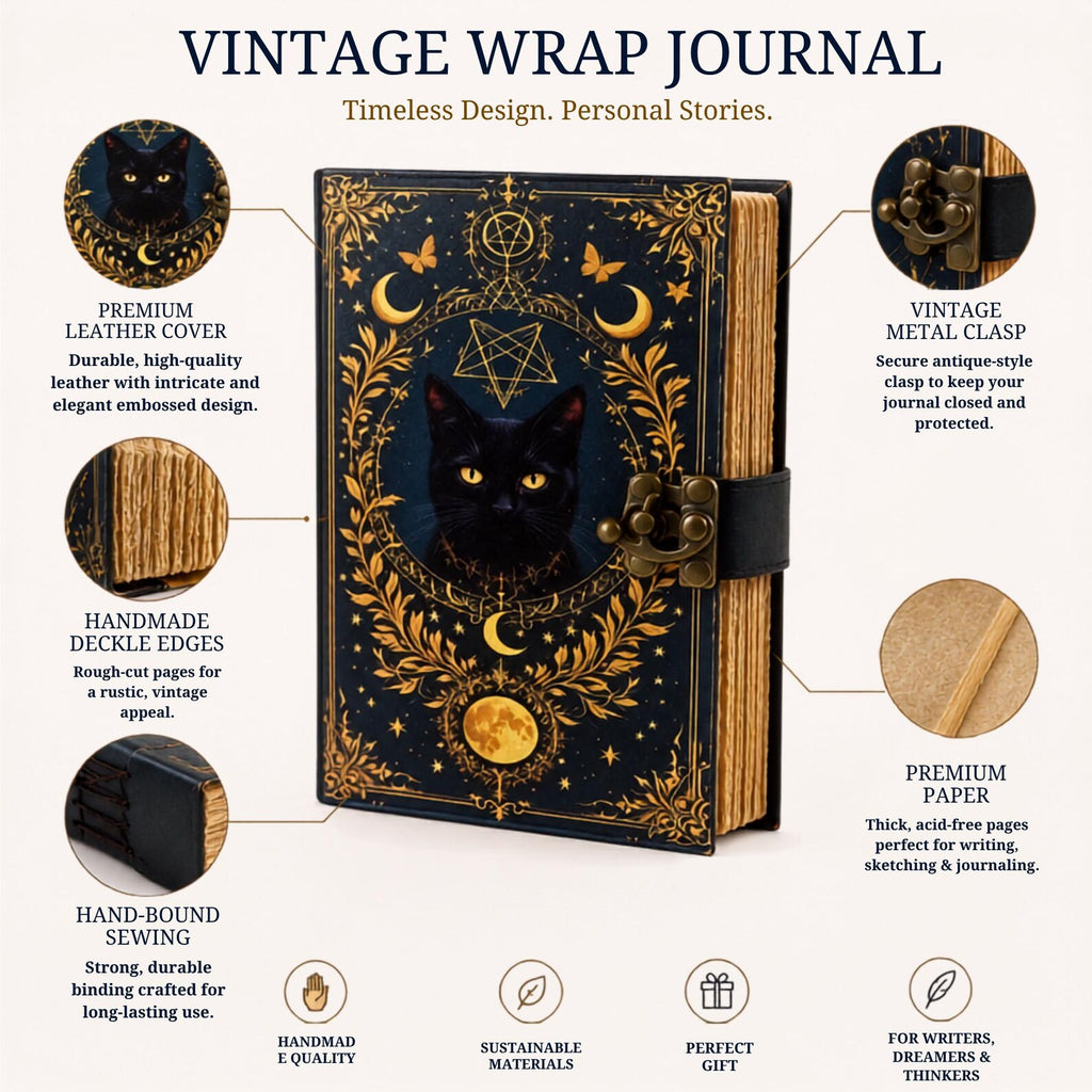 Mystical Black Cat Moon Leather Journal