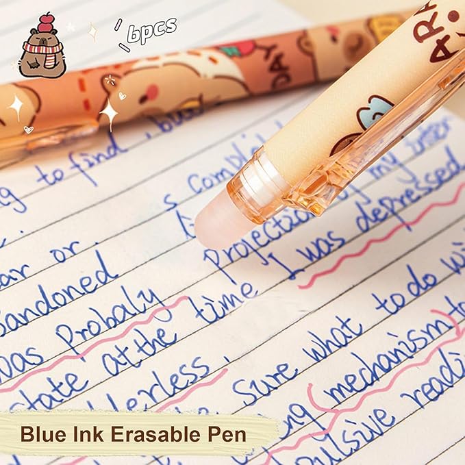 Cute Capybara Cartoon ERASABLE Gel Pen Set of 6