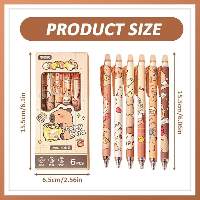 Cute Capybara Cartoon ERASABLE Gel Pen Set of 6