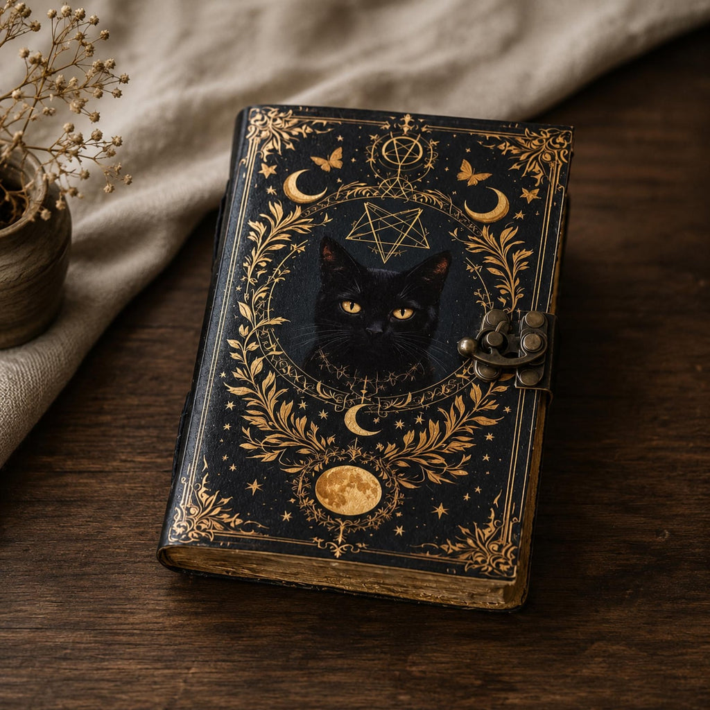 Mystical Black Cat Moon Leather Journal