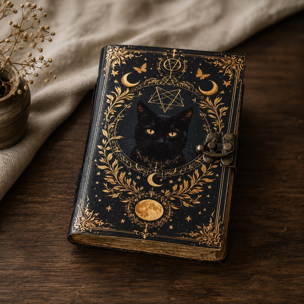 Mystical Black Cat Moon Leather Journal