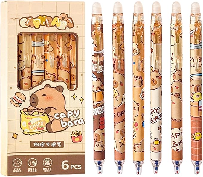 Cute Capybara Cartoon ERASABLE Gel Pen Set of 6