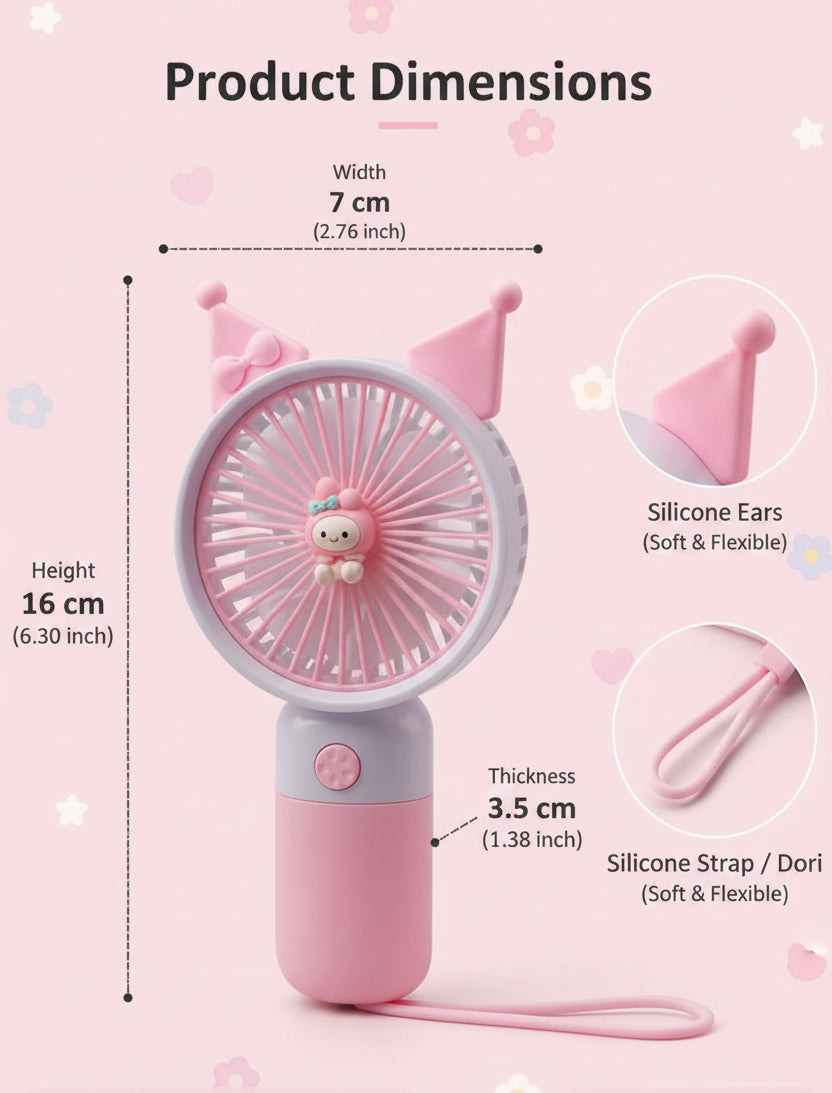 Pink handheld fan with cat ears and Dori character, showing product dimensions and material details on a gray background.