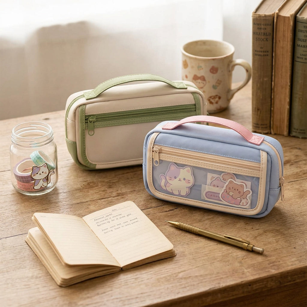 Two rectangular zippered toiletry/cosmetic cases shown on a white background, one in beige and sage green and one in light blue and cream with a pink handle.